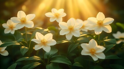 Fototapeta premium Sunbeams illuminate a cluster of delicate, creamy-white flowers with vibrant green foliage in a tranquil setting