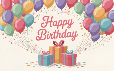 Happy Birthday greeting card template with balloons, confetti, and gift boxes, pastel colors, empty space for text, no people
