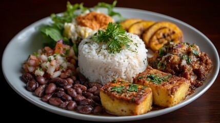 Costa Rican casado plated dinner on a dark surface