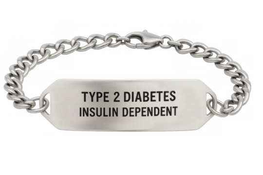 Medical alert bracelet for type 2 diabetes insulin dependent person on transparent background
