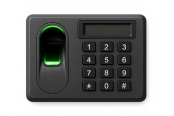 Biometric fingerprint scanner showing green light on transparent background