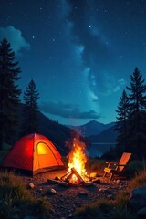 A crackling campfire under a starlit summer sky, illuminating a cozy campsite scene with tent, sleeping bag, and nature's beauty , rustic, bright, fire