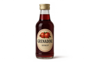 Glass bottle of grenadine syrup on transparent background