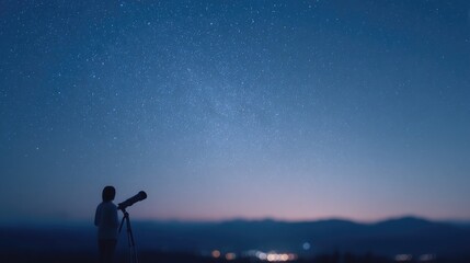 silhouetted astronomer observes night sky through telescope expansive starscape above blurred figures behind