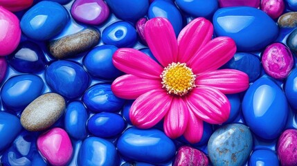 Vibrant pink flower amidst colorful stones