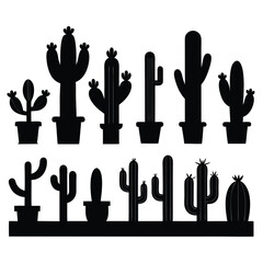 Collection of Black Silhouettes Various Cactus Plants in Pots