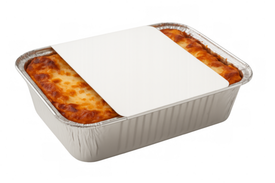 Lasagna bolognese in aluminum foil container with blank label on transparent background