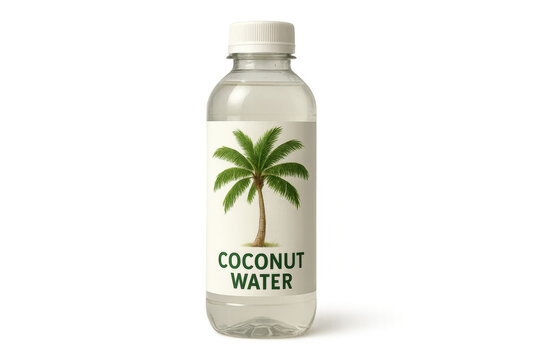 Plastic bottle containing refreshing coconut water with palm tree label on transparent background