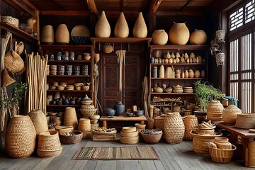 Bamboo crafts inside traditional village room high resolution picture