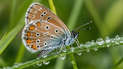 Close-up of a butterfly perched on dewy grass, showcasing nature's beauty.