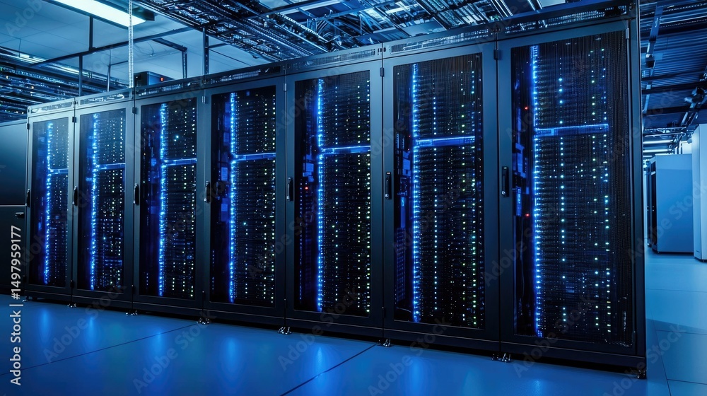 Aufkleber Secure and modern data center with dark server racks illuminated by blue LED lights, ideal for IT infrastructure, cybersecurity projects, and digital network system visuals