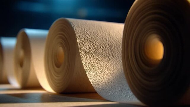 Intricate Paper Rolls in Light: Five paper roll stand arranged in a neat line. It showcases attention to detail with subtle textures in light, inviting to imagination to wander