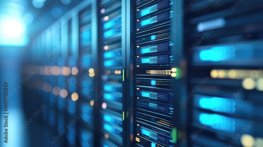 Poster Close-up view of illuminated server racks in a high-tech data center with blue and amber lights, suitable for cloud infrastructure, cybersecurity, and IT services content