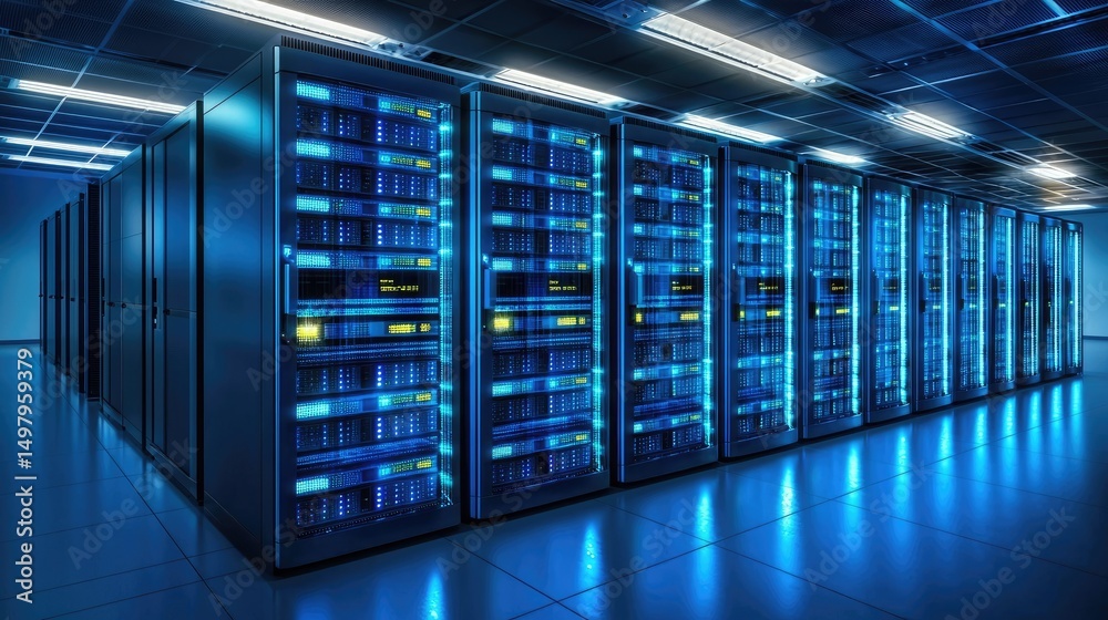 Poster highly advanced data center room with glowing blue and yellow server racks and reflective floors, pe