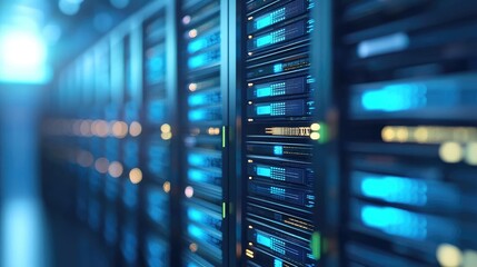 Close-up view of illuminated server racks in a high-tech data center with blue and amber lights, suitable for cloud infrastructure, cybersecurity, and IT services content