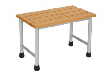 Wooden shower stool with aluminum legs on transparent background