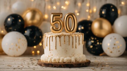 A beautifully crafted cake displays a large golden '50' on top, surrounded by black and gold balloons, creating a vibrant birthday celebration setting filled with confetti and lights