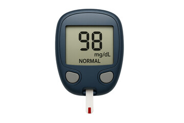 Glucose meter showing normal blood sugar level on transparent background