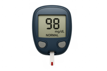 Glucose meter showing normal blood sugar level on transparent background