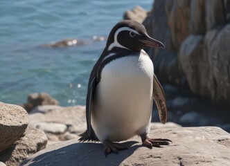 Naklejka premium Humboldt penguin preening its feathers on a rocky shore , penguin, animal photography, rocky coast