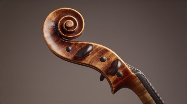 A close-up view highlights the elegant scroll of a violin with rich wood textures and polished edges. The craftsmanship is evident in every curve and detail, celebrating music artistry