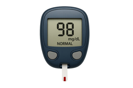 Glucose meter showing normal blood sugar level on transparent background