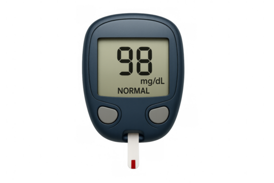 Glucose meter showing normal blood sugar level on transparent background