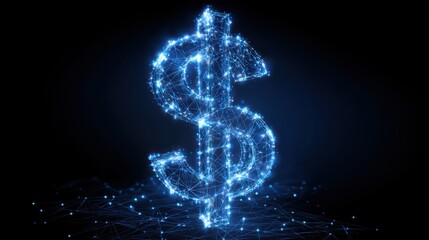 Obraz premium A luminous dollar sign is formed from interconnected lines and dots, portraying a futuristic digital concept on a black background. The design evokes a sense of modern finance and technology