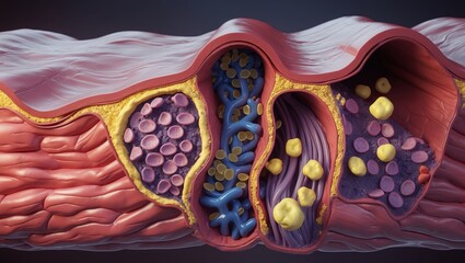 cross-sectional 3D medical illustration showing the progressive buildup of arterial plaque (atherosclerosis) inside a human artery. The scene begins with a healthy, smooth, reddish-pink artery wall
