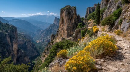 Obraz premium Travelers enjoy a stunning view from a rocky path, overlooking a vast canyon filled with lush greenery and vibrant wildflowers on a sunny day in Mexico's mountainous landscape