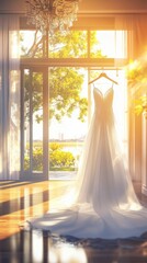 Sunlight illuminates a wedding dress