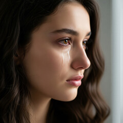 close up beauty girl cry side view.