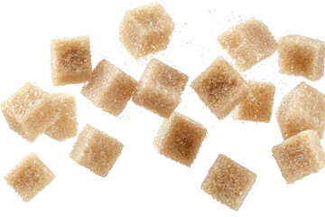 A top down view of scattered brown sugar cubes on a black background with a few white pixels around them