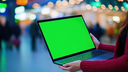 Woman holding laptop with a green screen in a blurred background, indoors.