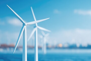 wind turbines under clear blue sky with people in background blurred offering copy space for text