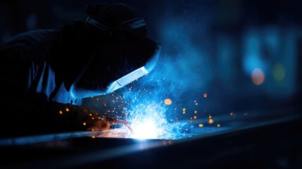 worker in protective gear welding metal beams sparks flying against dark background creating contrast with bright sparks
