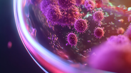 Microscopic view reveals virus particles, their structures highlighted in purple, floating in a fluid environment, set against abstract background.