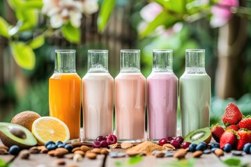 A table with various smoothie bottles and fresh fruit ingredients