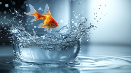 Goldfish leaping from glass bowl