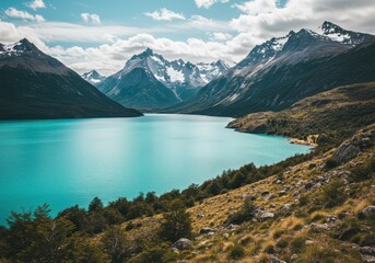 Obraz premium Picturesque turquoise lake surrounded by mountains and green vegetation
