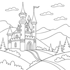 Fairytale castle on mountain landscape۔ Castle Adventure Coloring Page for Kids