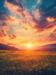 A magical summer sunset with glowing orange and pink clouds, the golden light reflecting on a peaceful meadow below 