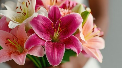 Obraz premium A woman holds a pink and white lily bouquet against a minimal backdrop