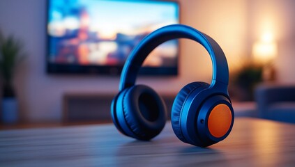 Blue Headphones on Living Room Table.