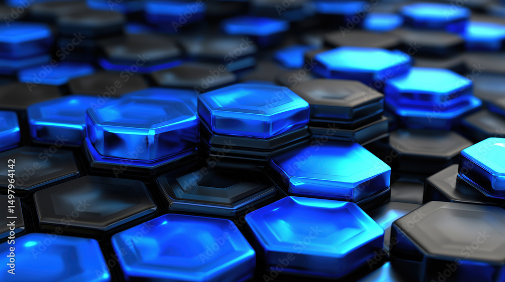 Poster hexagonal pattern with blue and black elements creating a 3d digital design