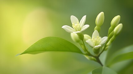Obraz premium Close-Up of White Flowers and Green Leaves on Soft Background