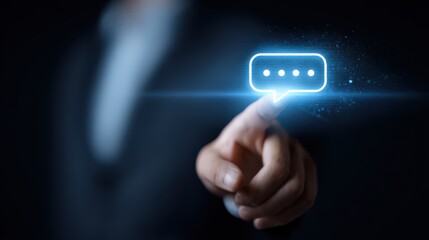 A person in a suit reaches out to touch a glowing chat bubble icon, symbolizing digital communication. The dark background enhances the futuristic feel of the interaction