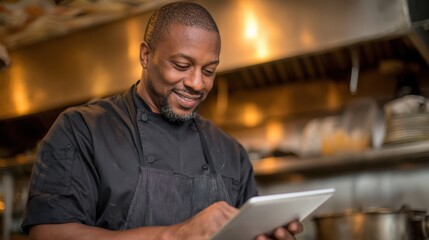 A chef smiles while using a tablet to organize orders and manage kitchen tasks in a busy restaurant environment. The warm lighting adds to the inviting atmosphere of the kitchen