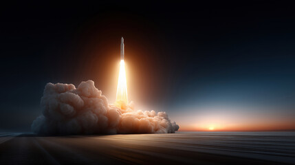 Fototapeta premium Rocket launches into the sky at dawn, illuminating the horizon with bright flames