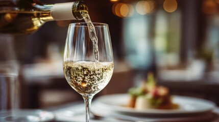 A waiter pours sparkling wine into a glass at a beautifully set table in a fine restaurant. Soft lighting enhances the atmosphere, perfect for a classy dinner